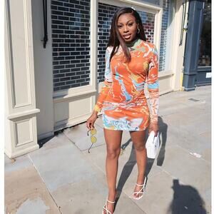 Kai Collective Gaia Mini Dress Printed Mesh Turtleneck Orange